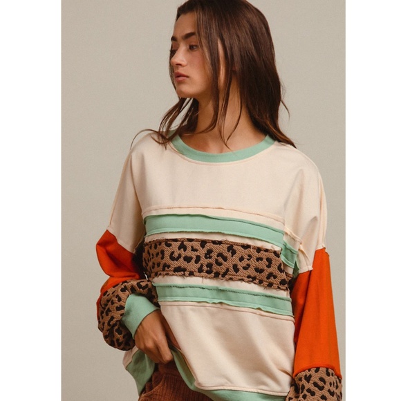Bibi Color Block Leopard Mixed Top - Picture 1 of 4